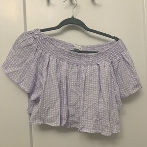Purple and white off the shoulder crop top
